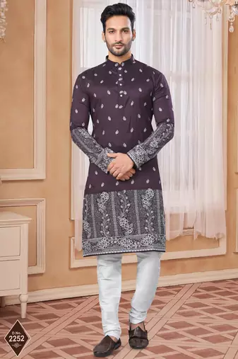 Wine kurta pajama set with zari embroidery & fancy buttons