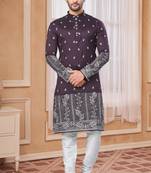 Wine kurta pajama set with zari embroidery & fancy buttons