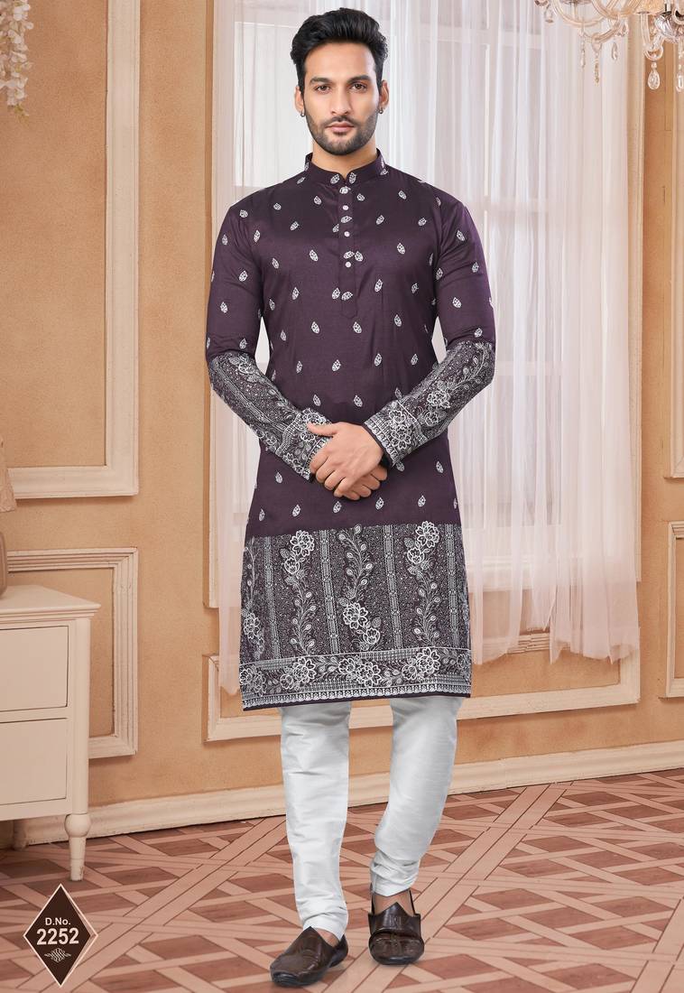 Wine kurta pajama set with zari embroidery & fancy buttons