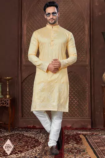Yellow kurta pajama set with zari embroidery & fancy buttons