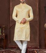 Yellow kurta pajama set with zari embroidery & fancy buttons