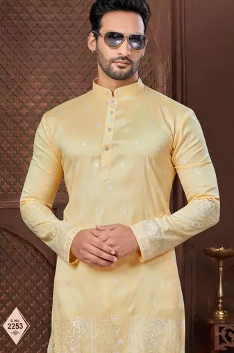 Yellow kurta pajama set with zari embroidery & fancy buttons