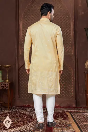 Yellow kurta pajama set with zari embroidery & fancy buttons