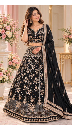 Black Color Sequence,Zari Work And Dori Work Chinon Silk_Blend Lehenga Choli 1