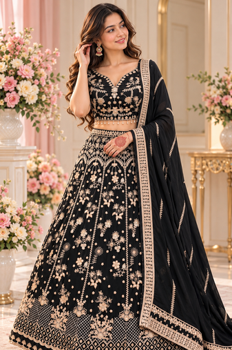Black Color Sequence,Zari Work And Dori Work Chinon Silk_Blend Lehenga Choli