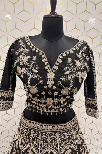 Black Color Sequence,Zari Work And Dori Work Chinon Silk_Blend Lehenga Choli