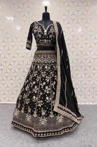 Black Color Sequence,Zari Work And Dori Work Chinon Silk_Blend Lehenga Choli