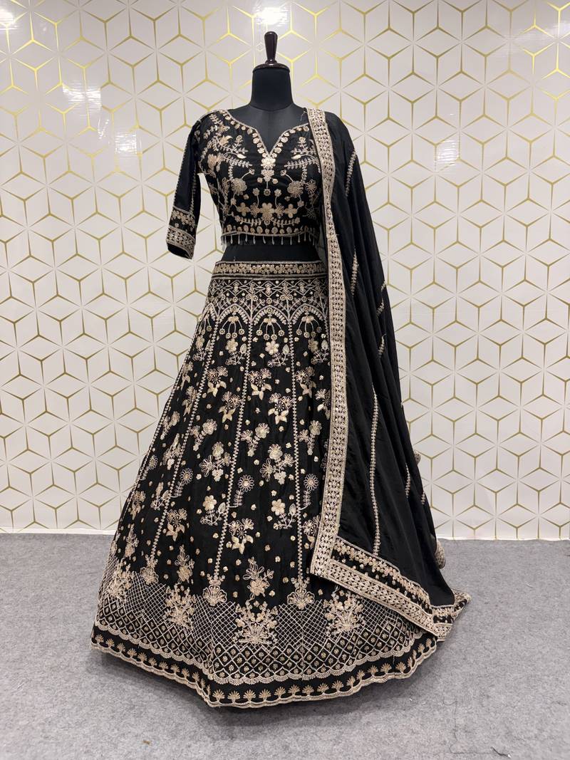 Black Color Sequence,Zari Work And Dori Work Chinon Silk_Blend Lehenga Choli