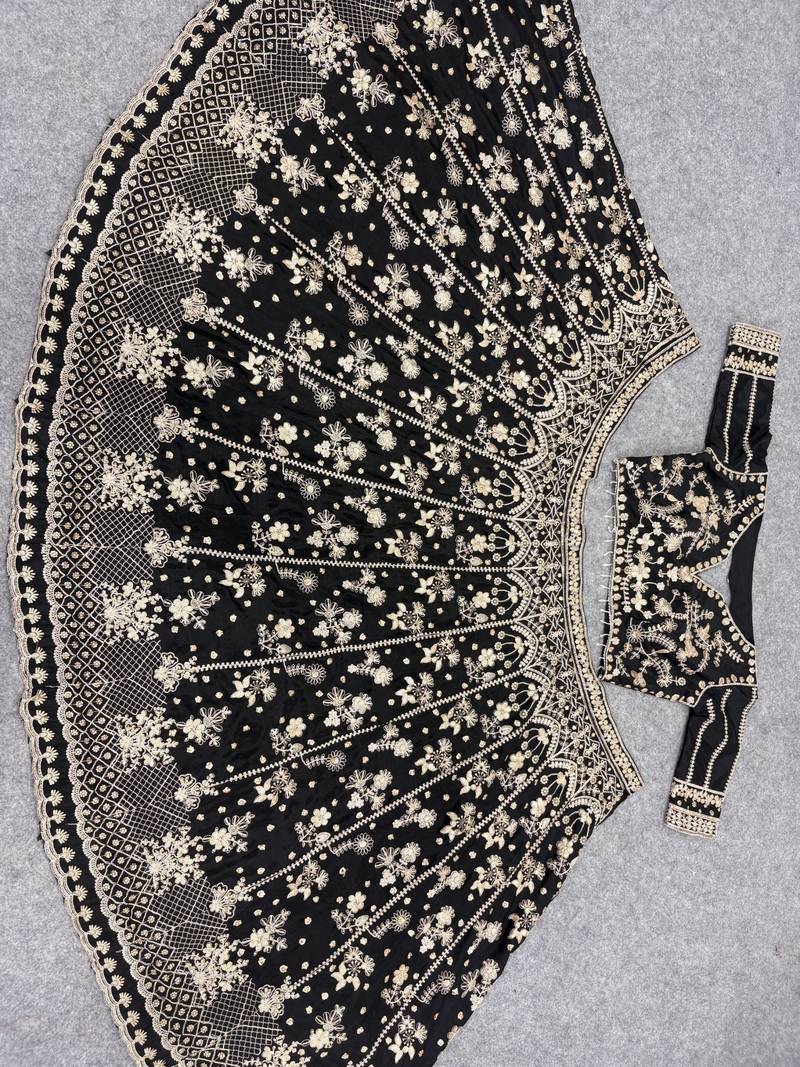 Black Color Sequence,Zari Work And Dori Work Chinon Silk_Blend Lehenga Choli