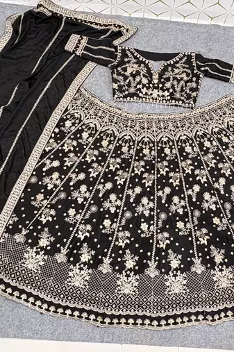 Black Color Sequence,Zari Work And Dori Work Chinon Silk_Blend Lehenga Choli