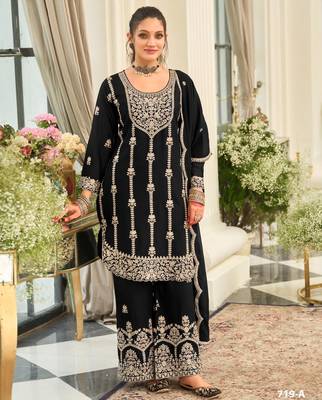 Black chinon semi stitched suit with embroidery & sequence work 1