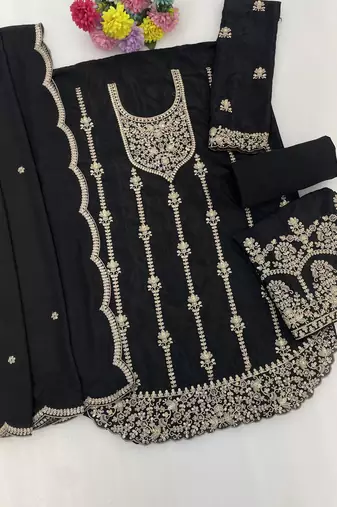 Black chinon semi stitched suit with embroidery & sequence work