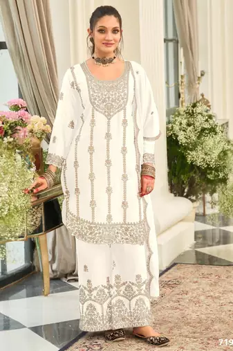 White chinon semi stitched suit with embroidery & sequence work