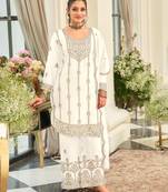 White chinon semi stitched suit with embroidery & sequence work