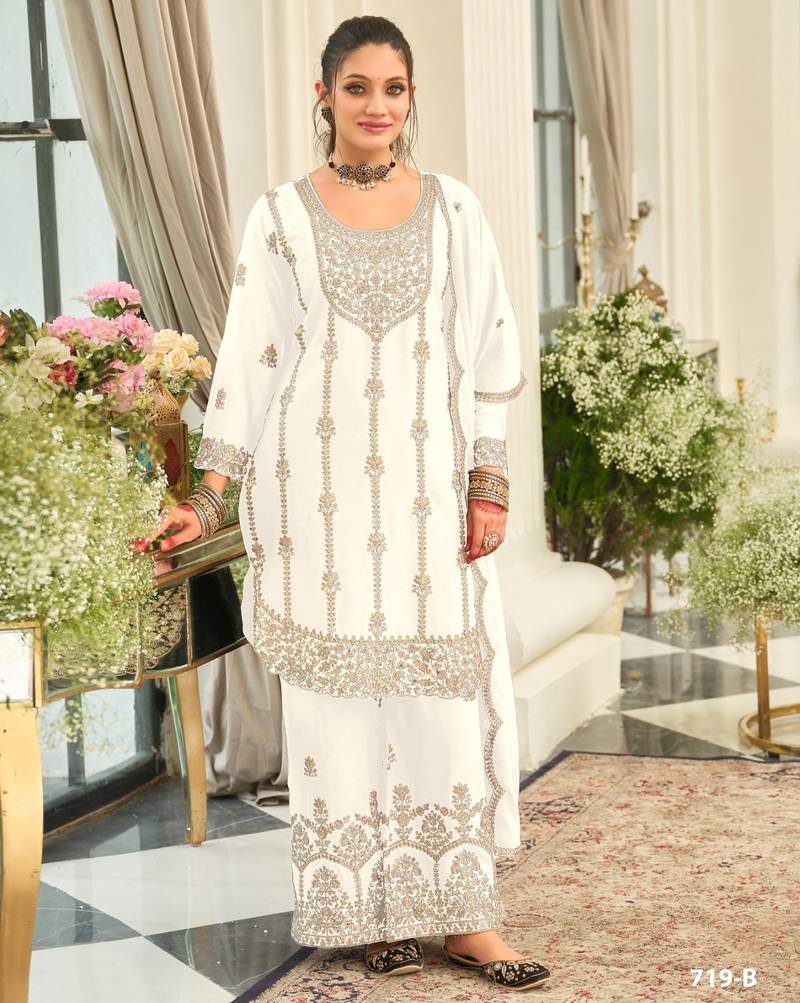 White chinon semi stitched suit with embroidery & sequence work