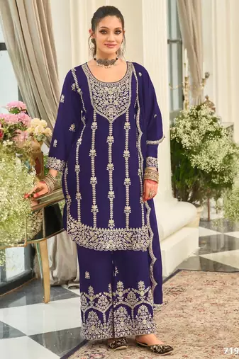R blue chinon semi stitched suit with embroidery & sequence work