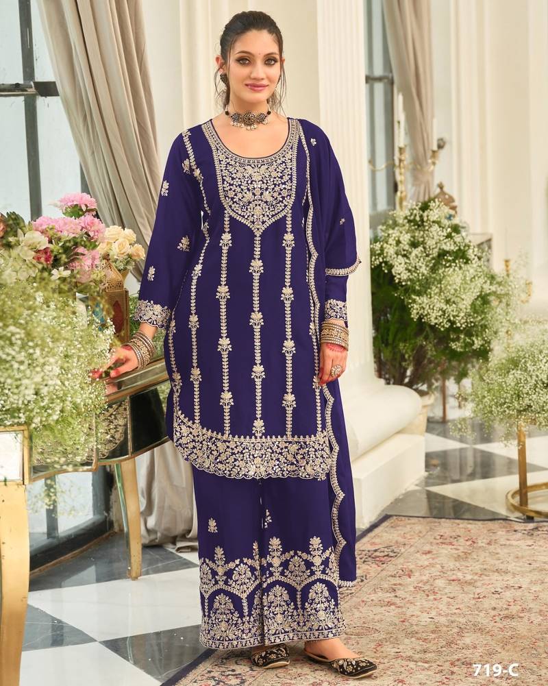 R blue chinon semi stitched suit with embroidery & sequence work
