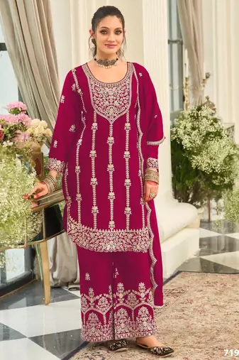 D magenta chinon semi stitched suit with embroidery & sequence work