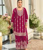 D magenta chinon semi stitched suit with embroidery & sequence work