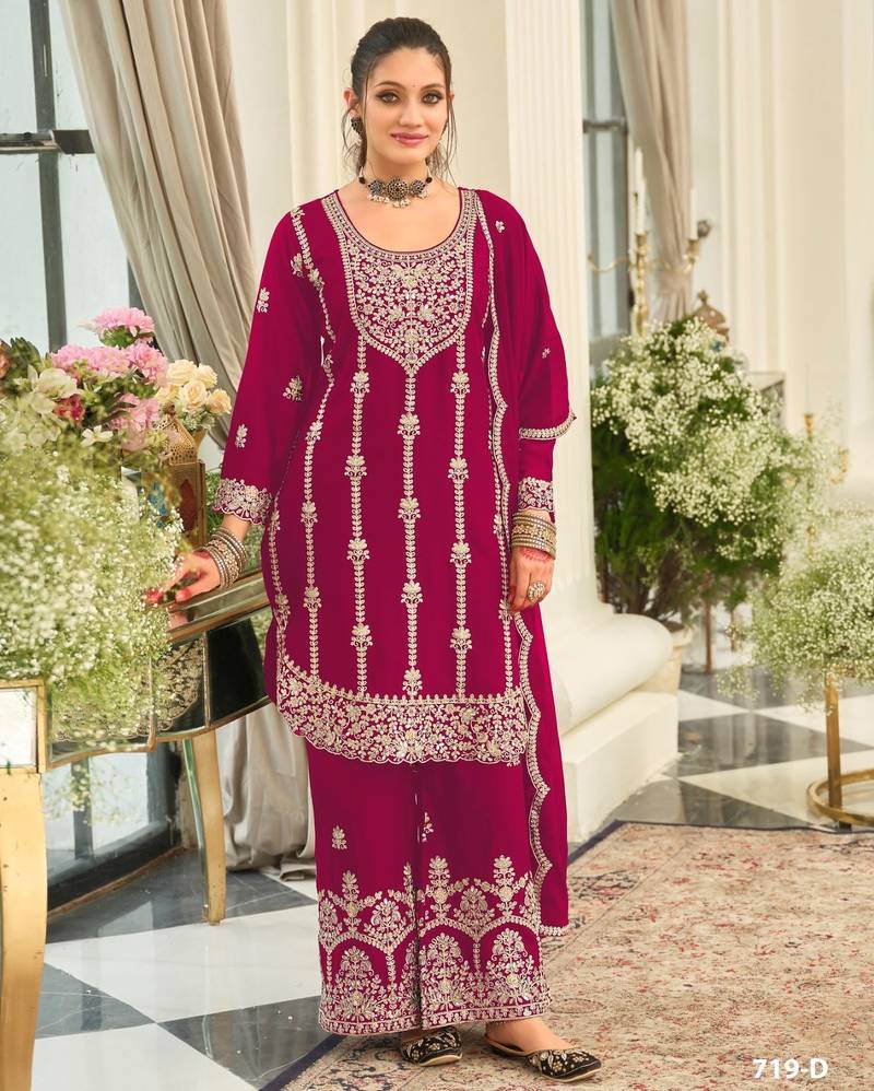 D magenta chinon semi stitched suit with embroidery & sequence work