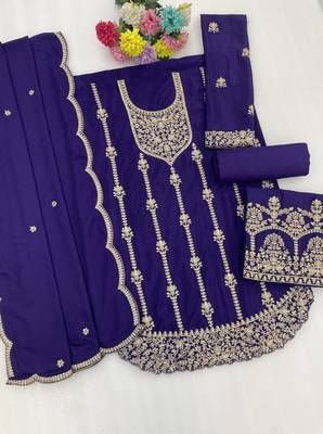 R blue chinon semi stitched suit with embroidery & sequence work 2