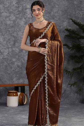 Brown sequinse lace border Satin Saree with blouse