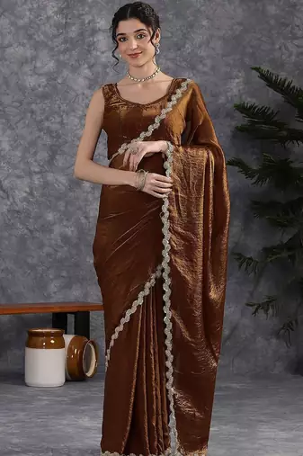 Brown sequinse lace border Satin Saree with blouse