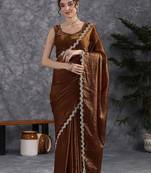 Brown sequinse lace border Satin Saree with blouse