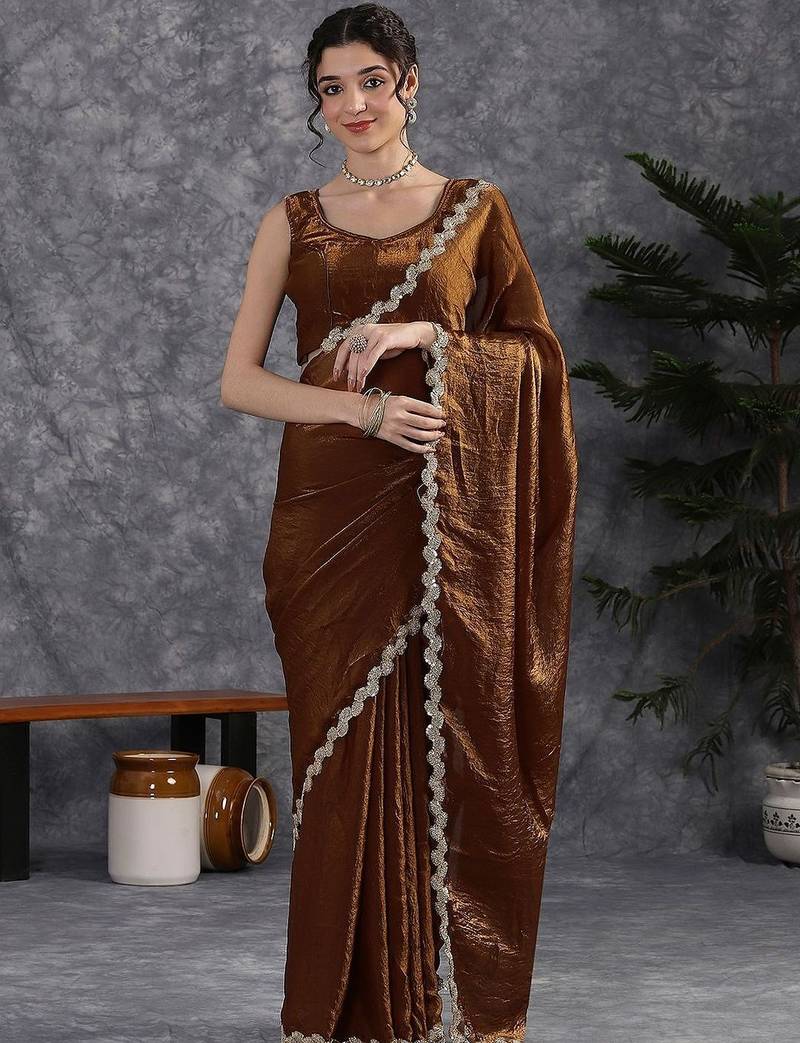 Brown sequinse lace border Satin Saree with blouse