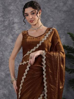 Brown sequinse lace border Satin Saree with blouse 2