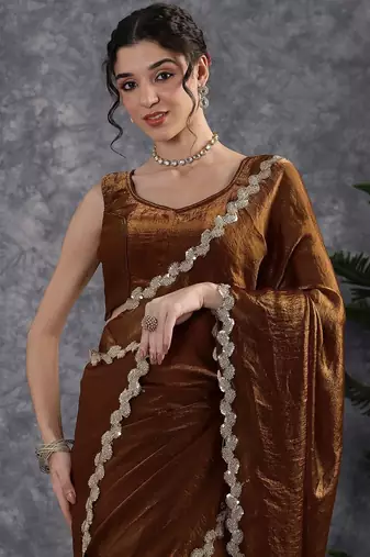 Brown sequinse lace border Satin Saree with blouse