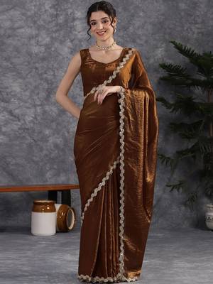 Brown sequinse lace border Satin Saree with blouse 3
