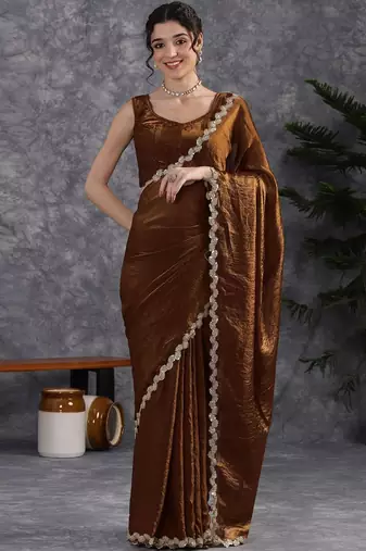 Brown sequinse lace border Satin Saree with blouse