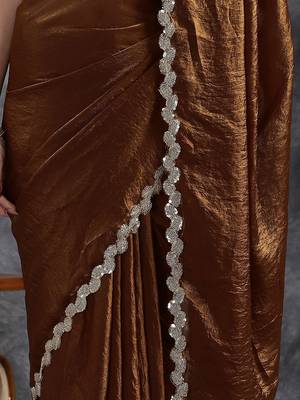 Brown sequinse lace border Satin Saree with blouse 5