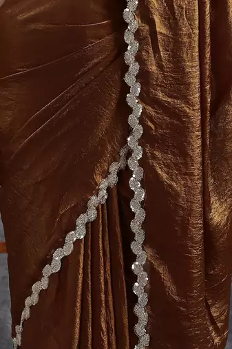 Brown sequinse lace border Satin Saree with blouse