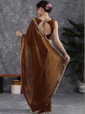 Brown sequinse lace border Satin Saree with blouse 6