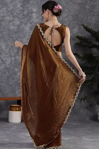 Brown sequinse lace border Satin Saree with blouse