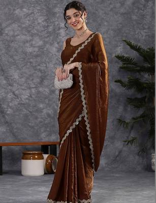 Brown sequinse lace border Satin Saree with blouse 7