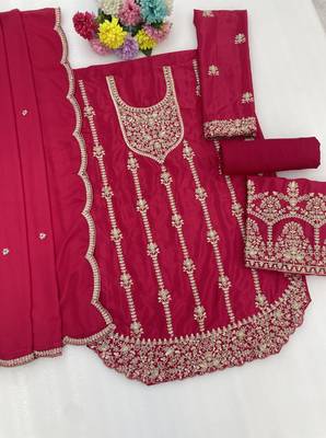 D magenta chinon semi stitched suit with embroidery & sequence work 2