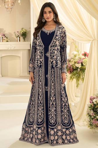 Navy chinon readymade anarkali suit with embroidery & sequence work