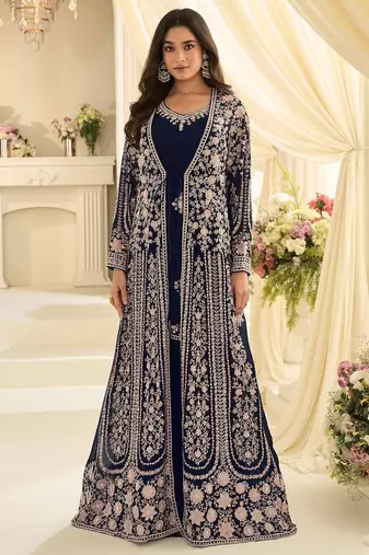 Navy chinon readymade anarkali suit with embroidery & sequence work