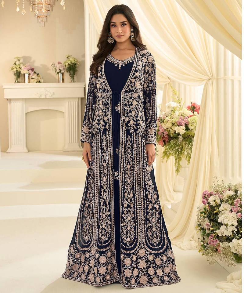Navy chinon readymade anarkali suit with embroidery & sequence work