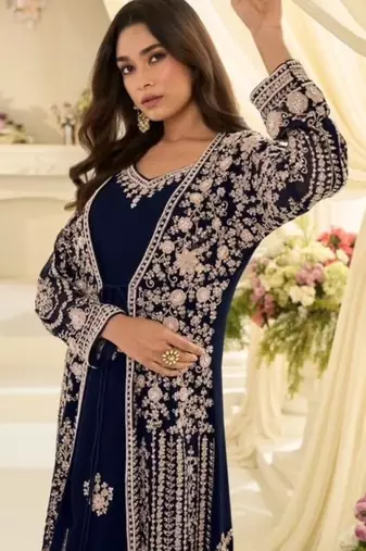 Navy chinon readymade anarkali suit with embroidery & sequence work