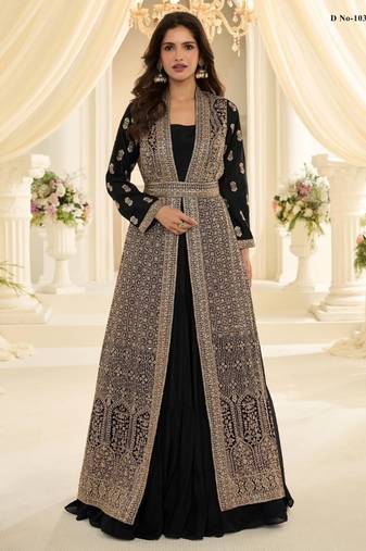 Black chinon readymade anarkali suit with embroidery & sequence work