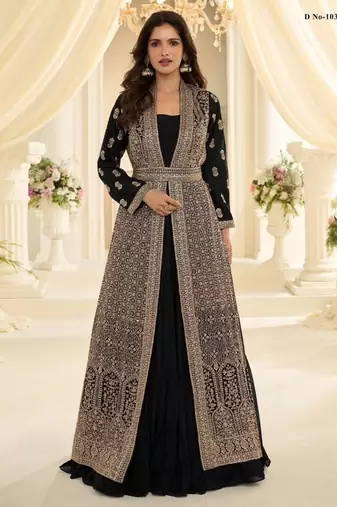 Black chinon readymade anarkali suit with embroidery & sequence work