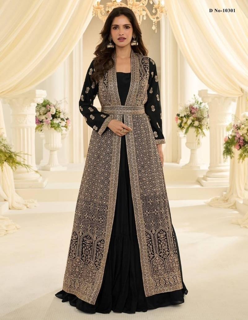 Black chinon readymade anarkali suit with embroidery & sequence work