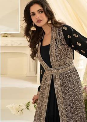 Black chinon readymade anarkali suit with embroidery & sequence work 2