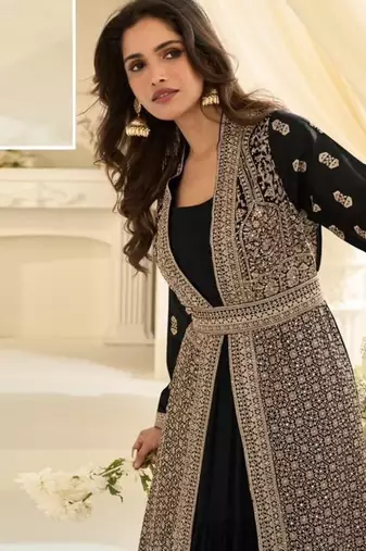 Black chinon readymade anarkali suit with embroidery & sequence work