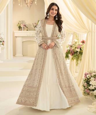 Off white chinon readymade anarkali suit with embroidery & sequence work 1
