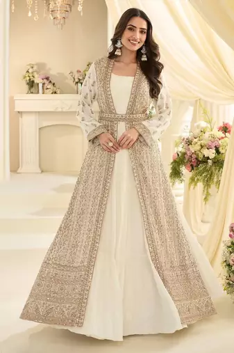 Off white chinon readymade anarkali suit with embroidery & sequence work